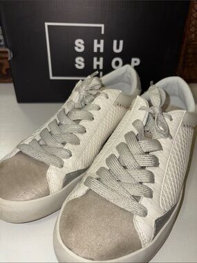 ShuShop White Sneakers with Taupe Suede and Silver Accents